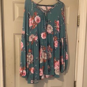 Floral Teal Blouse with Pink and White Flowers